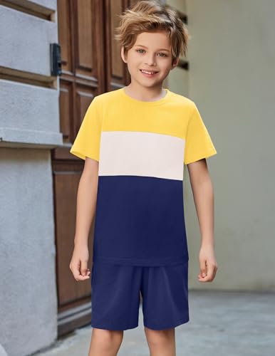 Image of Arshiner Boys' 2-Piece Cotton Outfit Color Block T-Shirt and Shorts Set Summer Camo Clothes for Kids 5-14 Years