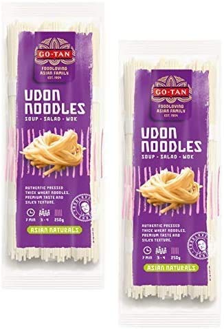 Go-Tan założona w 1954 Udon Noodles Authentic, gruby makaron pszeniczny, smak i tekstura/makaron pszeniczny, autentyczny spaghetti grubość i jakość premium, 2 x 250 g
