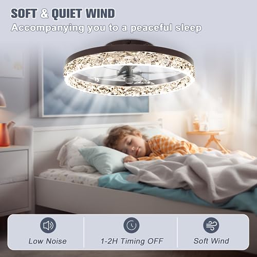 Image of VOLISUN Modern Ceiling Fans with Lights and Remote, No Assembly, 19.7in Low Profile Ceiling Fan Flush Mount, 3000K-6500K Dimmable Bladeless LED Fan Light, Brown Fandelier Ceiling Fans for Bedroom
