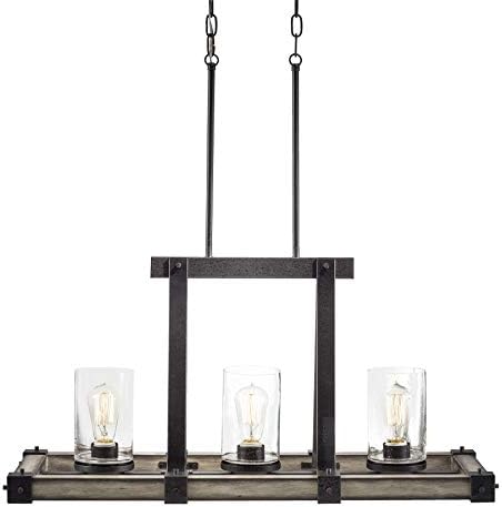 Kichler Barrington 12.01-in W 3-Light Anvil Iron With Driftwood Rustic Standard Kitchen Island Light with Seeded Shade