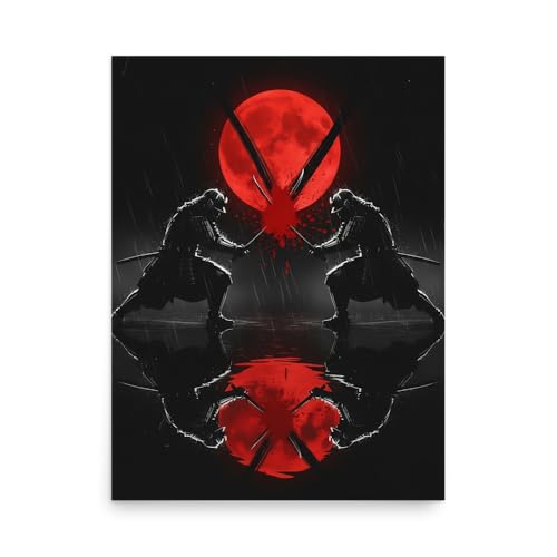 Póster de samuráis con guerreros gemelos y luna de sangre, cuadro de katanas mate para pared