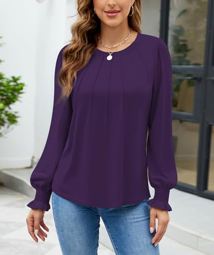 Funlingo Womens Long Sleeve Tops Fashion Fall Shirts Scoop Neck Pleated Ruffle Loose Tunic Tops Business Work Blouse4