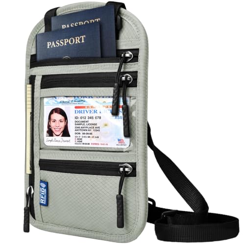 Armazenamento de pescoço RFID, Carteira com bloqueio de RFID, bolsa de viagem + porta-passaportes para mulheres e homens, organizador de viagem leve e discreto com alça ajustável (Cinza)