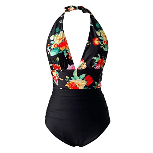 Maillot de bain dos nu plongeant noir avec motifs fleuris d'été et tissu stretch haute qualité