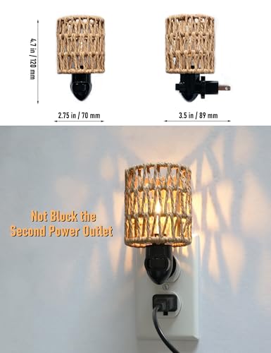 Image of Boho Plug in Night Light with Switch, 2-Pack Farmhouse LED Night Lights Plug into Wall Socket, 0.5W Baby Nursery Nightlight with Bohemian Rattan Lamp Shade for Adult Kids Room Bathroom Hallway