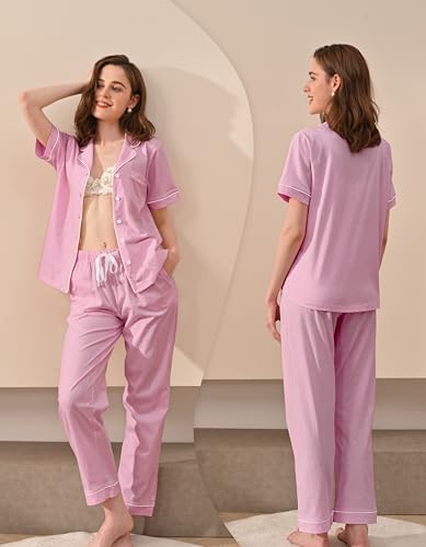 Image of NAP BOUND 100% Cotton Women's Pajama Sets Short Sleeve Button Down Soft Pjs 2 Piece Lounge Set with Pocket Nightwear XS-XXL