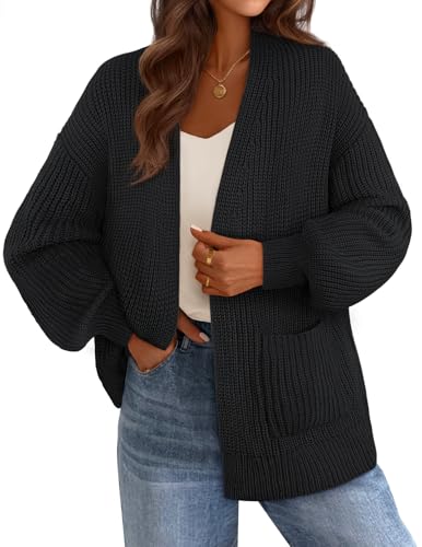 MEROKEETY Women's 2025 Open Front Chunky Cardigans Lantern Long Sleeve Oversized Knit Outwear with Pocket, Black, L