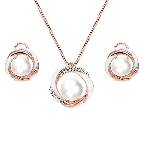 Rose Gold Pearl Jewelry Set Women Two Tone Circle Pearl Enameled Leverback Earrings and Pendant Necklace Bridal Bridesmaids Wedding Jewelry Set Valentine's Gift