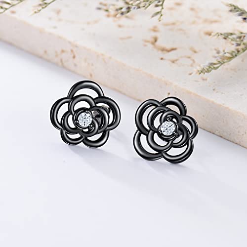 Joerph Sterling Silver Black Rose Flower Stud Earrings Hypoallergenic Retro Post Soft Earrings Vintage Rose Jewelry Gifts For Women Girls Mom Mother Wife Girlfriend #TOP3