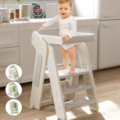 Image of Toddler Tower Kitchen Stool Helper,Foldable/Adjustable Height Kids StandingTower Stool W/CPC Certification,for Kitchen Counter Bathroom Sink Cooking Child Ladder for Toddlers W/Safty Rail(Grey White)