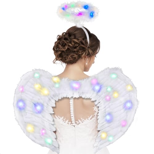 Ptesuply Angel Wings Adult, Light Up Angel Wings and Halo with LED Lights- 3 Light Modes, White Angel Wings Costume for Women Kids Masquerade Halloween Christmas (Colorful)
