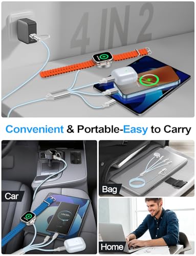 Image of Travel Essentials,Multi Charging Cable for Apple Watch Charger /iPhone /Samsung Charger,Type C /Lightning /iWatch /Micro Charging Cable for iWatch Ultra /10-2 /iPhone /Galaxy /Airpods[1.8M]-Blue