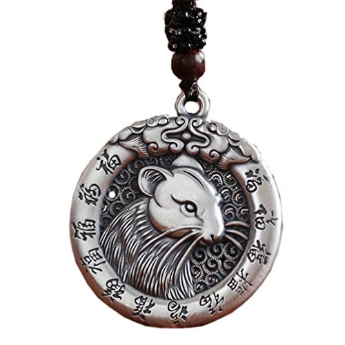 PAURO Homme Femme Collier Pendentif Chevalière du Zodiaque Chinois Rétro avec Chaîne Amulette Bijoux Rat