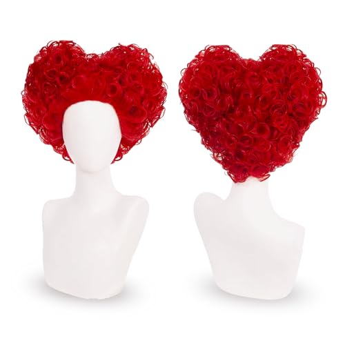 YONGCANWIG Cute Halloween Party Queen Cosplay Short Wig 2 Hair Caps + Red Heart Wig Costume Women and Red Cosplay Short Curly Synthetic Hair for Anime Party Wigs for Women