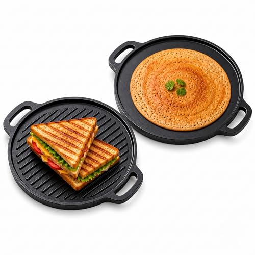 Image of Pre-Seasoned Cast Iron Dosa Tawa with Handle, 2-in-1 Reversible Grill Pan 30 cm, Naturally Non-Stick Cookware for Roti, Chapati, Chilla & Uttapam, Heavy Duty Griddle, Double Sided Cookware