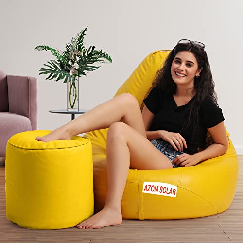 Image of Bean Bag Chair with Footstool Filled with Beans Filler, Faux Leather, Ready to Use, XXXL (Yellow)
