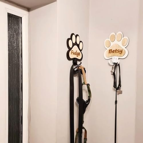 miguha Personalisierter Wandhaken aus Massivholz mit Pfotenabdruck, personalisierter Hundeschlüssel- und Leinenhalter mit Namen, Wandgarderobenhaken aus Holz(White)