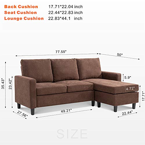JY QAQA Convertible Sectional Sofa Couch with Reversible Chaise, L-Shaped Couch with Modern Linen Fabric for Small Space (Brown)