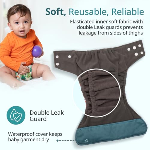 Image of LuvLap Reusable Baby Cloth Diaper, Double Leak Guard, High Absorption, Quick dry, Stain-Proof Comfort & Protection, 3m+, adjustable waist & height with snap buttons, Absorbent insert, Green bunny