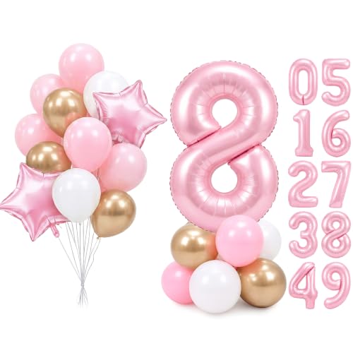 Image of PartyWoo Baby Pink Number 8 Balloon 40 Inch 25pcs Pink Foil Star White Gold