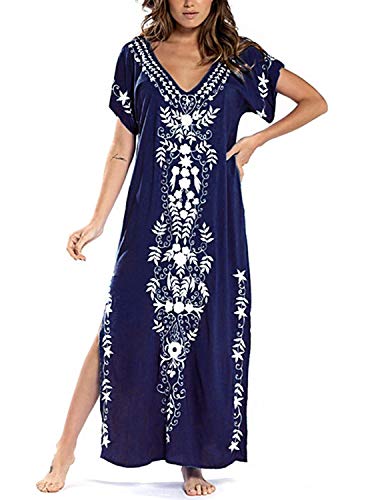 JENJON Robe de Plage Longue Femme Imprimé Floral Paréo Loose Chemisiers Blouses pour Maillot de Bain Bikini Cover Up Beachwear Noir Taille Unique