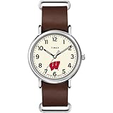 Timex Tribute Men's Collegiate Weekender 40mm Watch – Wisconsin Badgers with Brown Genuine Leather Slip-Thru Strap