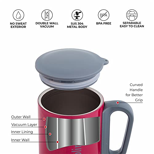 Image of DUBBLIN Polo Stainless Steel Unbreakable Tea Coffee Mug Double Wall with Handle and Lid, Wide Mouth Mug Keeps Beverages Hot & Cold 220 ML Pink