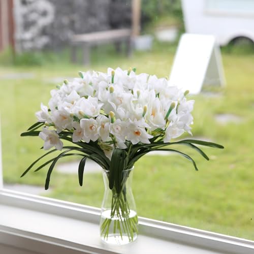 Eyamumo Modern Glass Vase With 10Pcs Artificial Daffodil Flowers For Home Decor, 8 Inch Clear Glass Vase 15.8 Inch Narcissus Spring Flower Artificial Daffodil Flower In Bulk For Home Kitchen Wedding Decor thumb #6