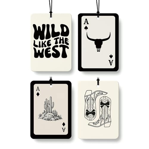 DVFDBHSV Retro Western Car Air Freshener 4 Pcs Coconut Scented, Cow Skull Cactus Ace Card Cowboy Car Accessories Mirror Decor for Women, Western Hanging Air Freshener for Cars Closet Drawer Books