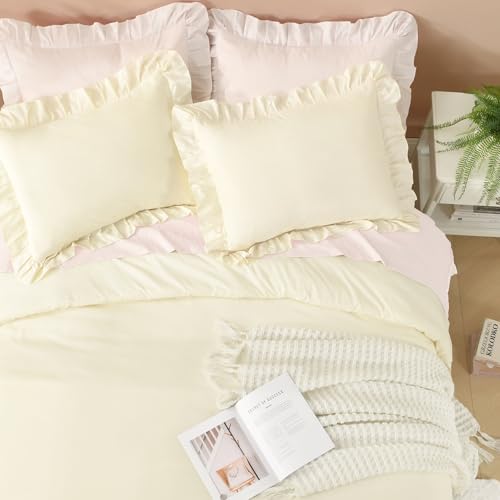 Image of Litanika Cream King Size Comforter Set, 3 Pieces Ruffle Farmhouse Aesthetic Bedding Comforter Set, All Season Soft Lightweight Fluffy Microfiber Bed Set(104x90In Comforter, 2 Pillowcases)