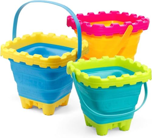 Anzmtosn Groß Strandeimer Spielzeug 3 Set,Bunte Sand Strand Eimer für Kinder, Kleinkinder, draußen, Sandkasten, Sandburg förmiger Eimer mit Netztasche,Schnee, Hinterhof Kein Blue 3 Pack