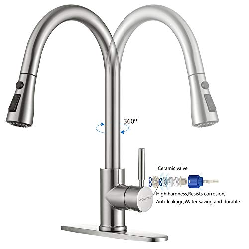 Kitchen Faucet Single Handle Brushed Nickel with Pull Down Sprayer, Commercial High Arc Pull Out Stainless Steel Kitchen Sink Faucets Single Hole