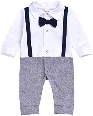 DaceStar Newborn Toddler Baby Boys Gentleman Jumpsuits One-Piece Romper Wedding Outfit Longe Sleeve Suits with Tie(3-6Months) Gray