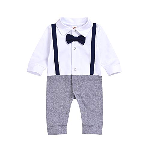 Dacestar Newborn Toddler Baby Boys Gentleman Jumpsuits One-Piece Romper Wedding Outfit Longe Sleeve Suits With Tie(3-6Months) Gray #TOP1