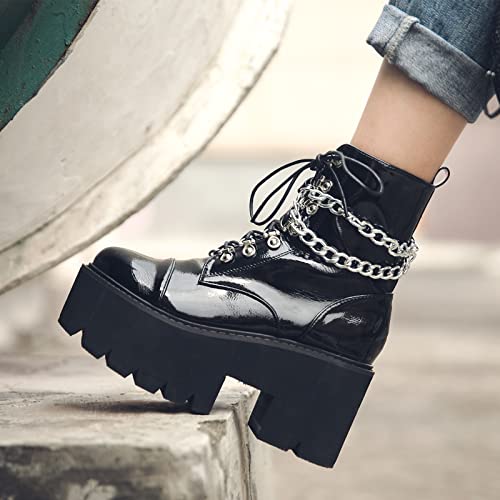 Black Platform Boots for Women with Fashion Chain Chunky Heeled Studded Combat Boots Lace Up and Zipper Goth emo Shoes Cosplay Halloween Ankle Booties for Daughter4