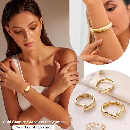 Chunky Gold Bracelet Gold Cuff Bangle Bracelets for Women Non Tarnish Teen Girl Gifts Trendy Stuff Wide Hinged Irregular Twisted Bangle Christmas Stocking Stuffers Minimalist Birthday Anniversary Jewelry