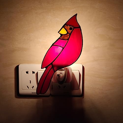 Image of CHEZBABY Stained Glass Night Light Plug into Wall Lamp Decorative Accent Nightlight for Hallway Bedroom Bathroom Kitchen Home Decor(Cardinal)