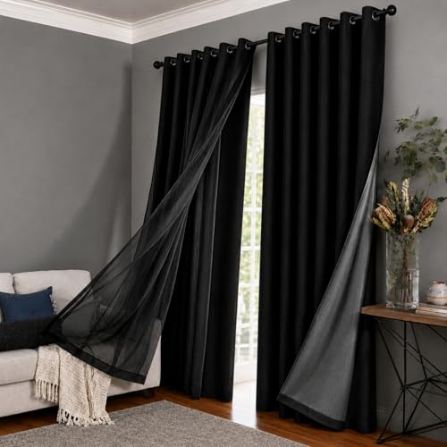 Cortina Blackout PVC com Voil e Ilhós Corta Luz para Quarto Sala 2,80m x 1,80m Preta