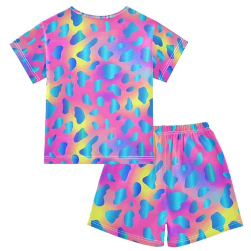 ALAZA Rainbow Leopard Abstract Pajamas Set Short Sleeve Cotton Sleepwear Summer Pjs 2 Piece 5-14Y2
