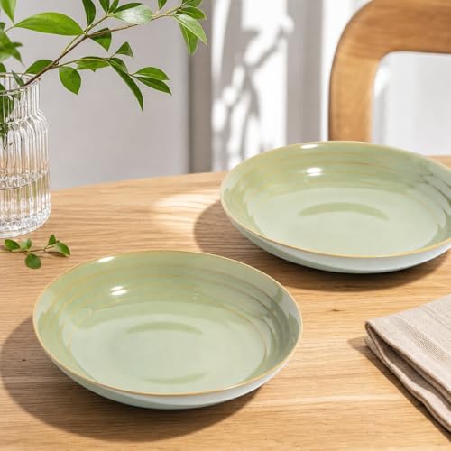 Image of Beyond Homes Handcrafted Ceramic Pasta Bowl Set, 21 cm | Microwave & Dishwasher Safe Pasta Plates Glossy Finish | Deep Plate | Ceramic Serving Pasta Bowl, 650 ml Each (Pistachio- Set of 2)