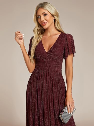 Image of Ever-Pretty Women's V-Neck Glitter Formal Dresses Pleated Short Sleeves Floor Length A-Line Mother of Bride Dress 11961