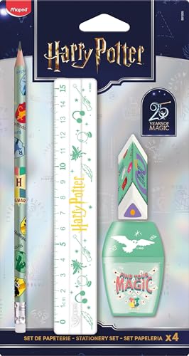 Maped - Set de Papeterie Harry Potter Anniversaire 25 Ans - 4 Pièces - 1 Règle 15 cm + 1 Taille-Crayons Réservoir + 1 Gomme + 1 Crayon Graphite HB -...