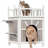 Petsfit Cat House Cat Condos Cat Feeding Station for Outdoor Indoor Cats Kittens,2 Story Wood Feral Cat Shelter Cage Weatherproof with Balcony and 2 Removable Floors Gray