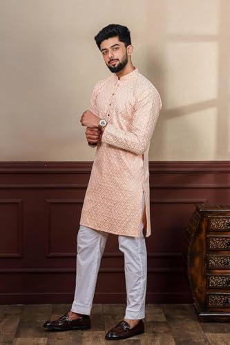 Image of LookMark Men's Printed Silk Blend Kurta with Mandarin Collar, Full Sleeves, Straight Fit Traditional Ethnic Wear