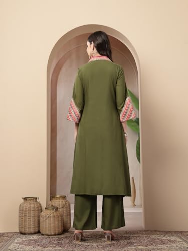 Image of Stylum Women's Solid & Embroidered Rayon A-Line Kurta Pant Set