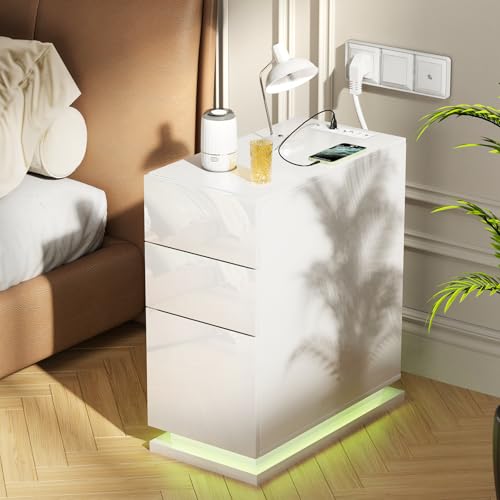 Lvhcmfohm Nachttisch Schmal mit Steckdose, B30 x T50 x H63 Nachtschrank mit Led und 3 Schubladen, Nachtkästchen, Nachtkommode Beistelltisch mit USB und 16 Farben Beleuchtung, Weiß Lvhcmfohm Nachttisch Schmal mit Steckdose, B30 x T50 x H63 Nachtschrank mit Led und 3 Schubladen, Nachtkästchen, Nachtkommode Beistelltisch mit USB und 16 Farben Beleuchtung, Weiß