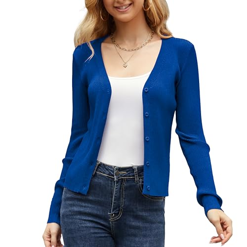 Image of Women's Long Sleeve Ribbed Knit V Neck Button Down Slim Fitted Cropped Cardigan