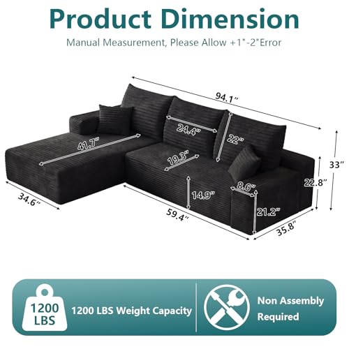 Image of 95 inch Modular Sectional Couch, Boneless L Shaped Cloud Sofa with Chaise Lounge, Corduroy Upholstered Couches Memory Foam Deep Seat, No Assembly Required, Ideal for Living Room(Black, Left Facing)