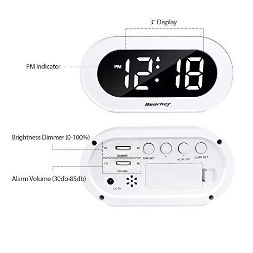 REACHER Small LED Digital Alarm Clock with Snooze, Simple to Operate, Full Range Brightness Dimmer, Adjustable Alarm Volume, Outlet Powered Compact Clock for Bedrooms, Bedside, Desk, Shelf(White)