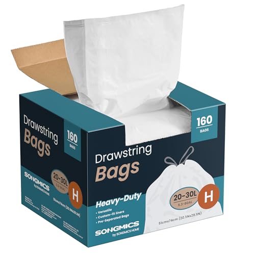 SONGMICS Bolsas de Basura, 30 L Bolsas de Basura con Cordones, 160 Piezas, Código H, Resistentes, Caja de Dispensación Rápida, Blanco Crema KRB031A04